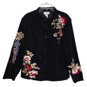 Vintage Susan Graver Style Black Velour Floral Embroidered Jacket Women's Size L